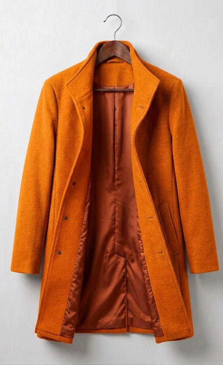 Orange long coat with notch lapels, front button closure, and two side pockets