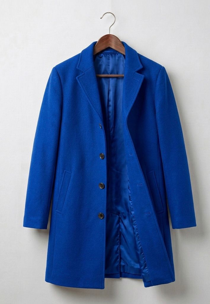 Blue long coat with notch lapels and front button closure, fully lined