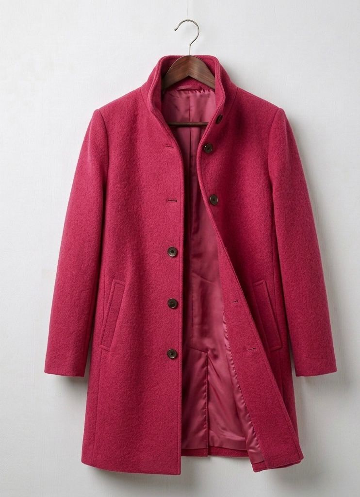 Pink long coat with notch lapels, front button closure, and lined interior