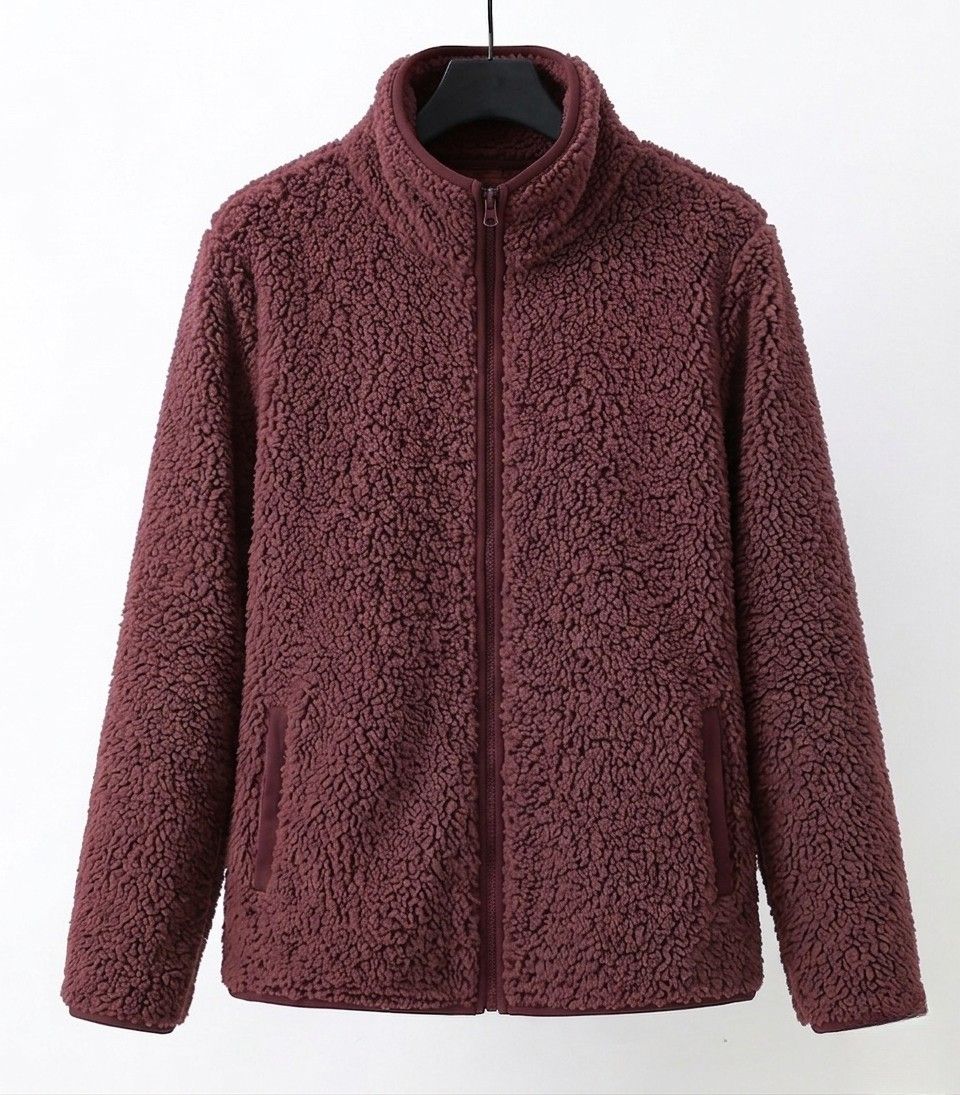 Burgundy teddy jacket with full-zip front and side pockets, stand collar.