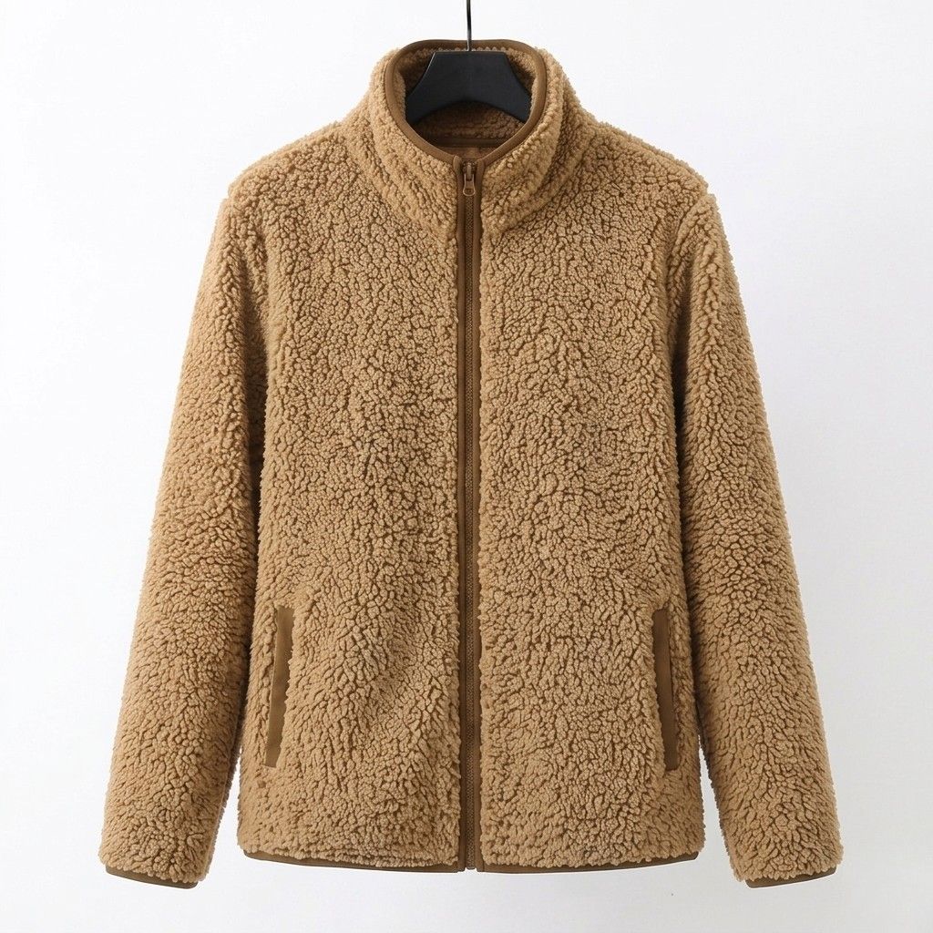 Beige teddy jacket with full-zip front and side pockets, stand collar.