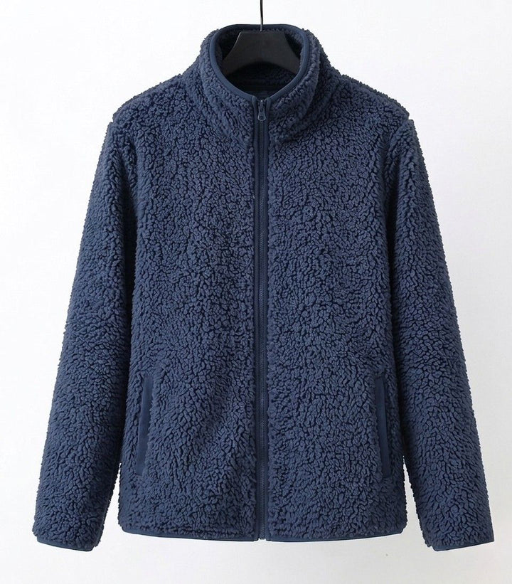 Dark blue teddy jacket with full zipper and stand collar