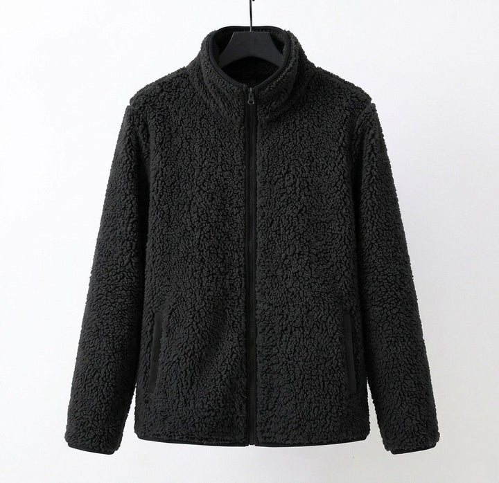 Black teddy jacket with full zipper and stand collar, long sleeves