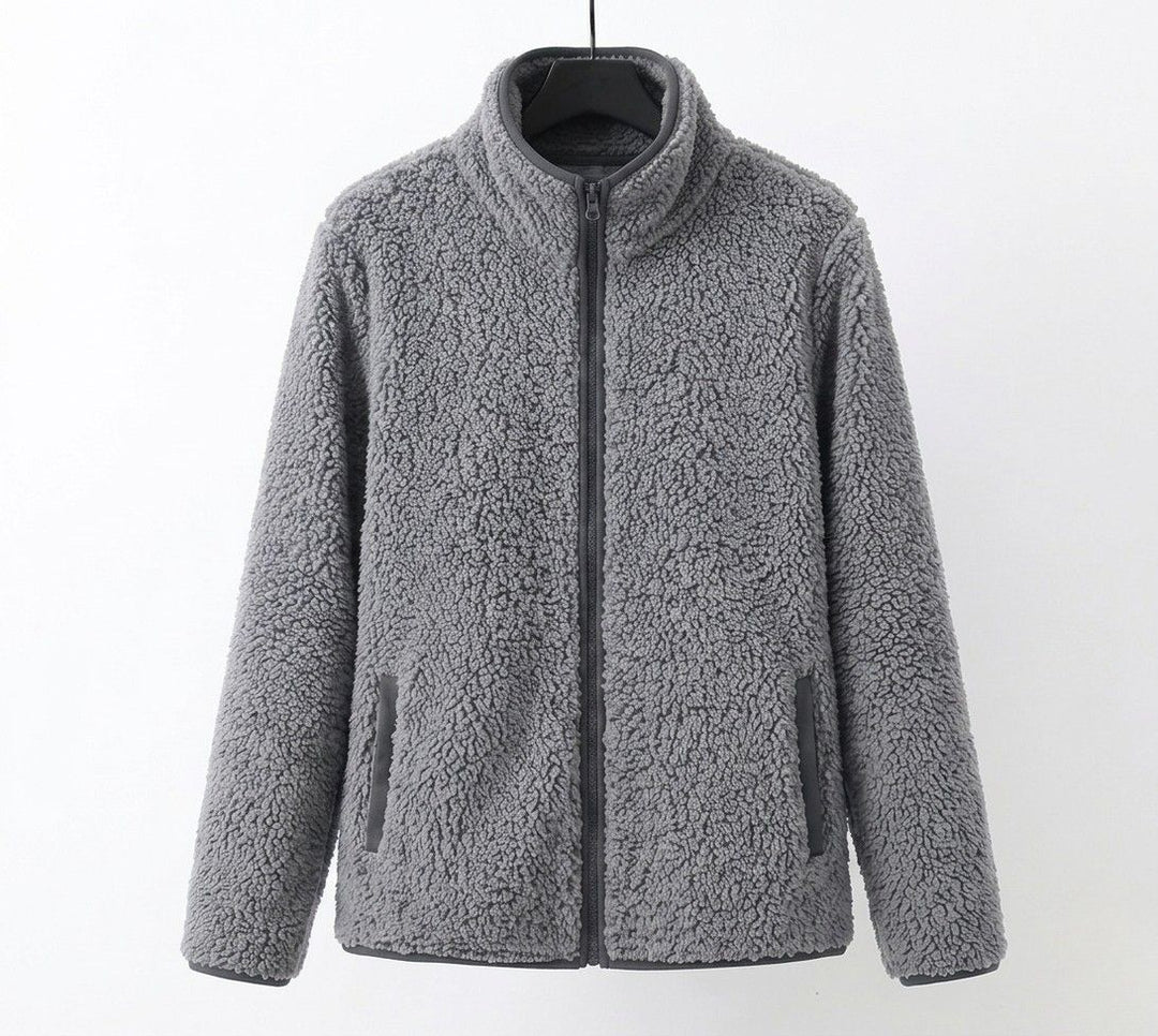 Grey teddy jacket with stand collar and full front zipper, side pockets