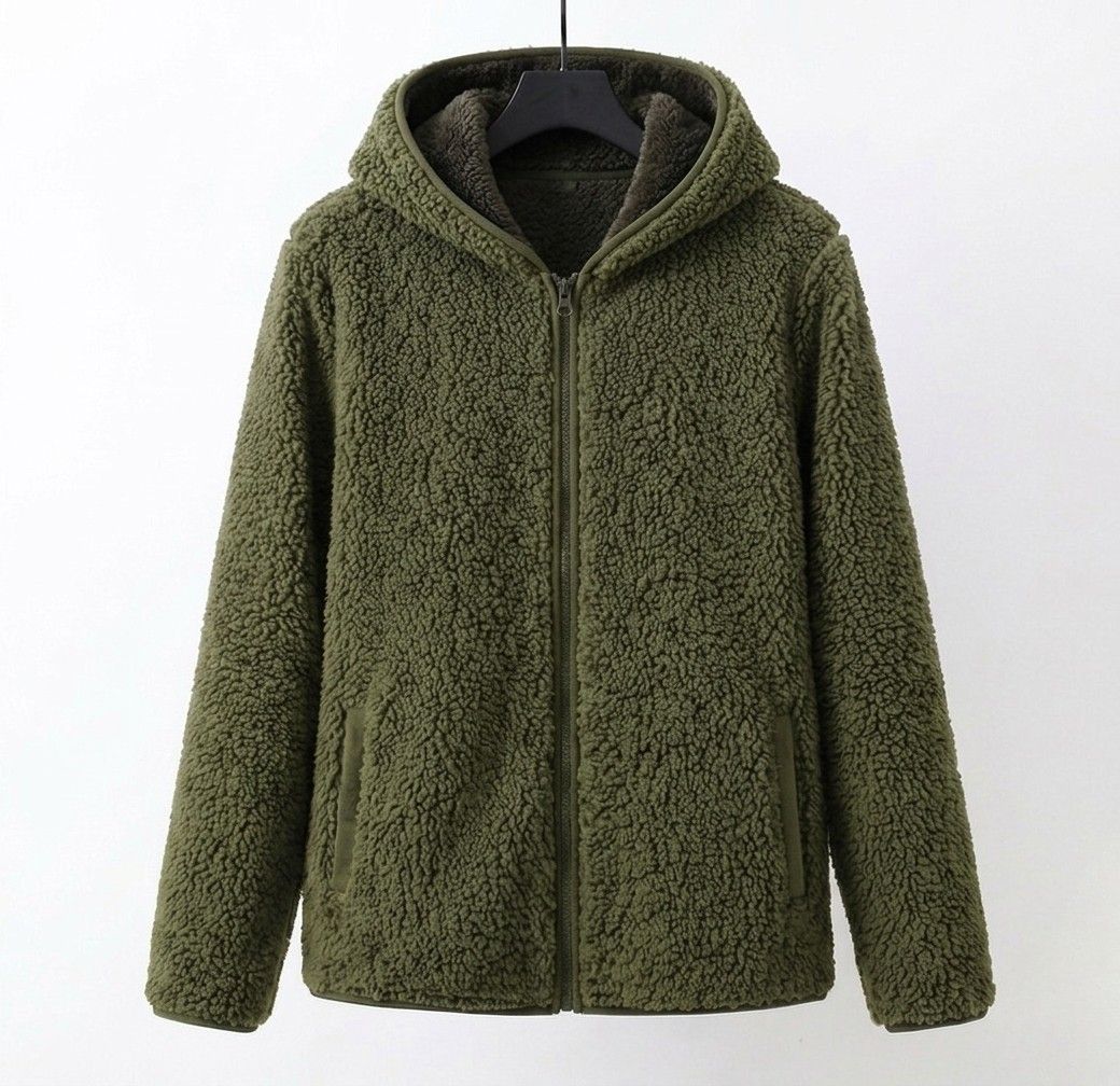 Olive green sherpa hooded coat with zip front and textured fleece