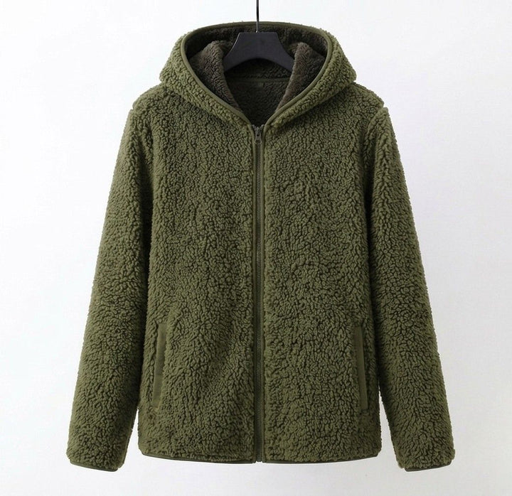 Olive green sherpa hooded coat with zip front and textured fleece