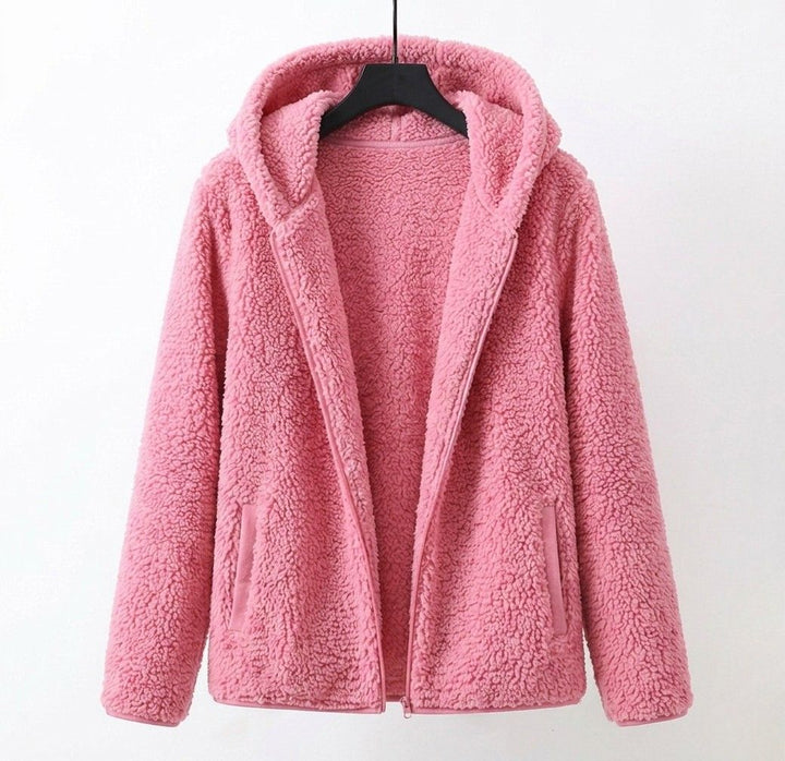 Pink hooded sherpa zip coat with full sleeves and front zipper