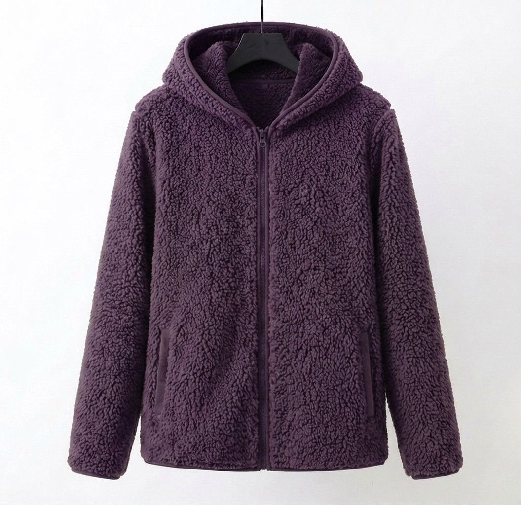 Purple sherpa hooded coat with full front zipper and plush fuzzy texture