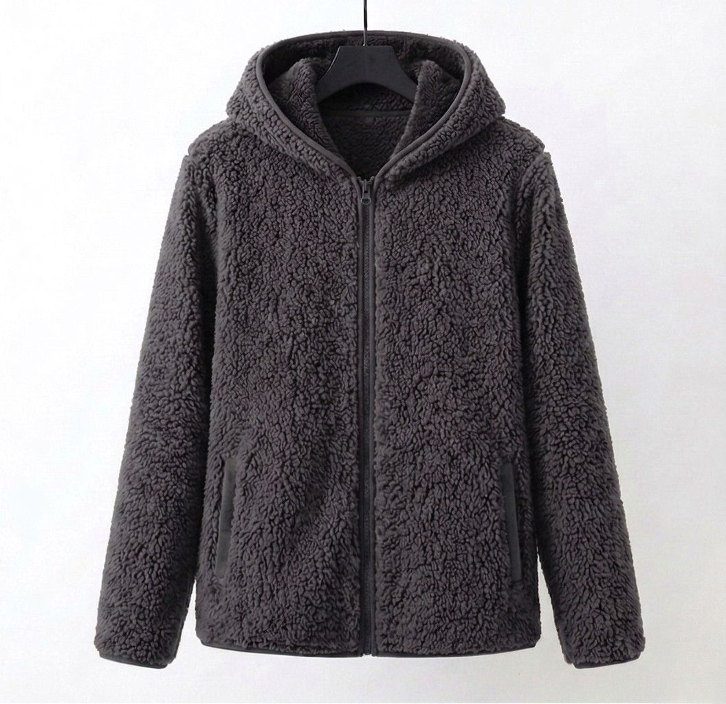 Dark gray hooded sherpa zip coat with full sleeves and front zipper