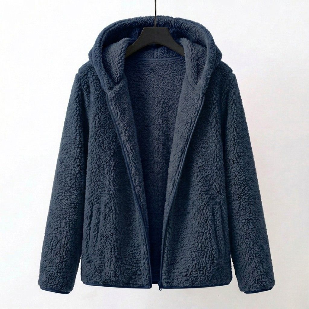 Navy sherpa hooded coat with front zipper and plush curly texture