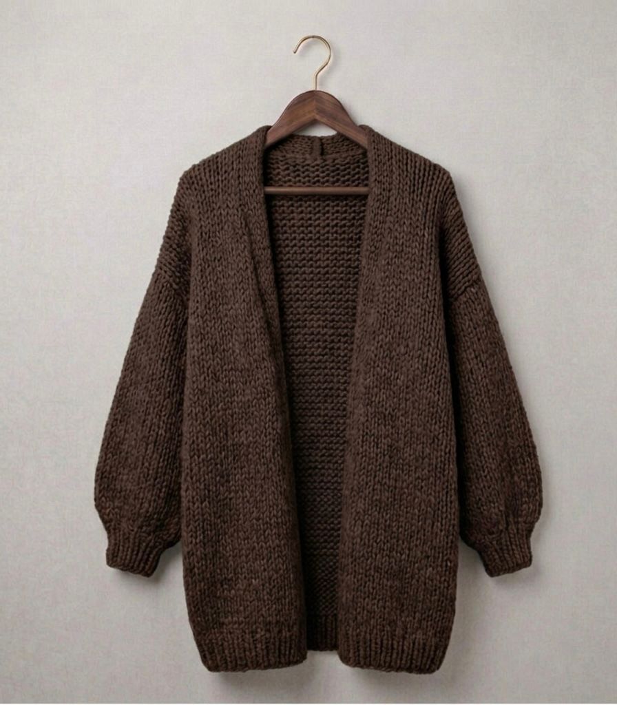 Brown oversized knit cardigan, relaxed fit, open front with long sleeves
