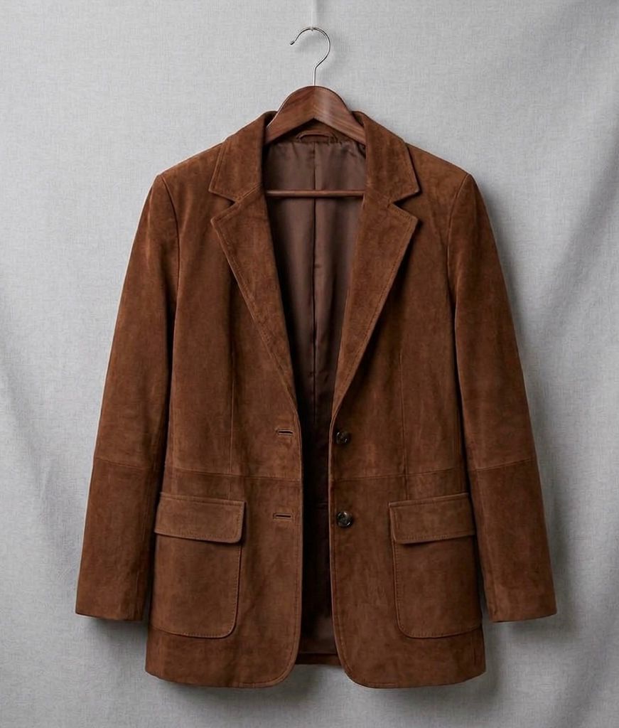 Brown textured blazer jacket with notch lapels and flap pockets