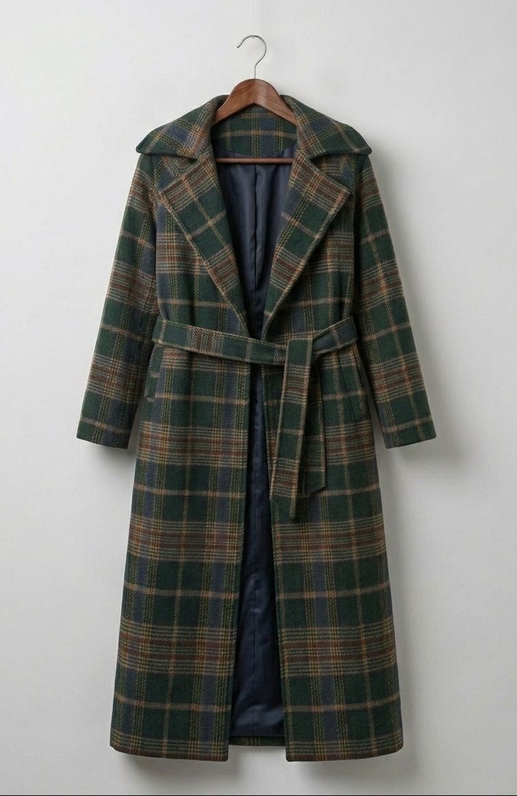 Forest green plaid longline coat with notched lapels and matching belt, front view