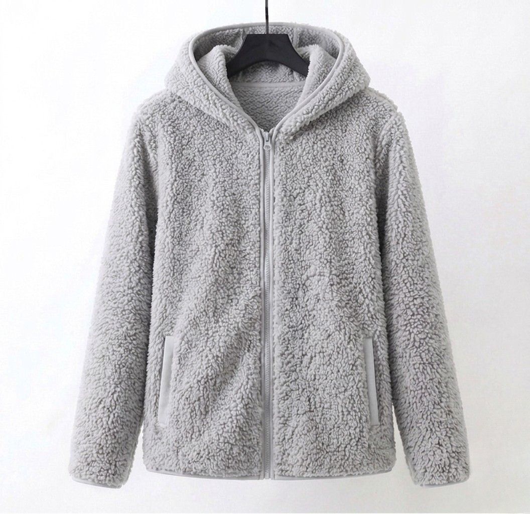 Light gray sherpa hooded coat with zip front and curly plush texture