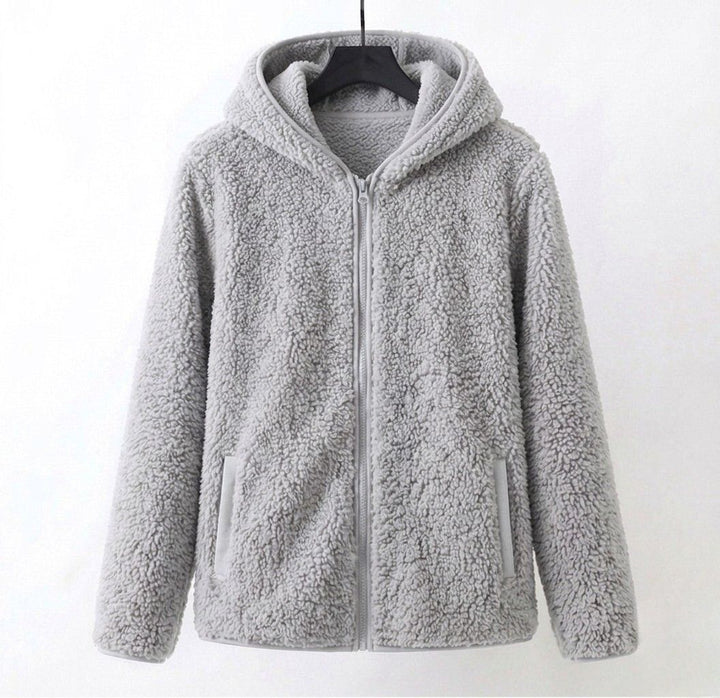 Light gray sherpa hooded coat with zip front and curly plush texture