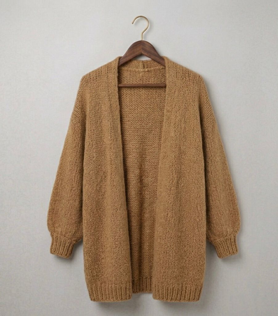 Caramel relaxed knit cardigan with open front, chunky sleeves, and ribbed hem cuffs