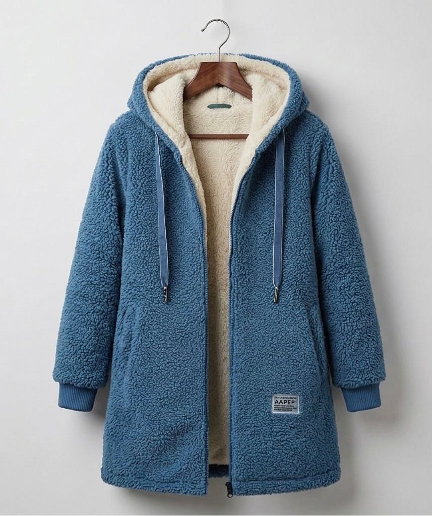 Blue sherpa zip-up hooded coat, cream lining, drawstring ties, front patch pocket.