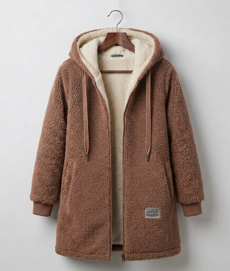 Chestnut sherpa zip-up hooded coat, cream lining, drawstring ties, front patch pocket.