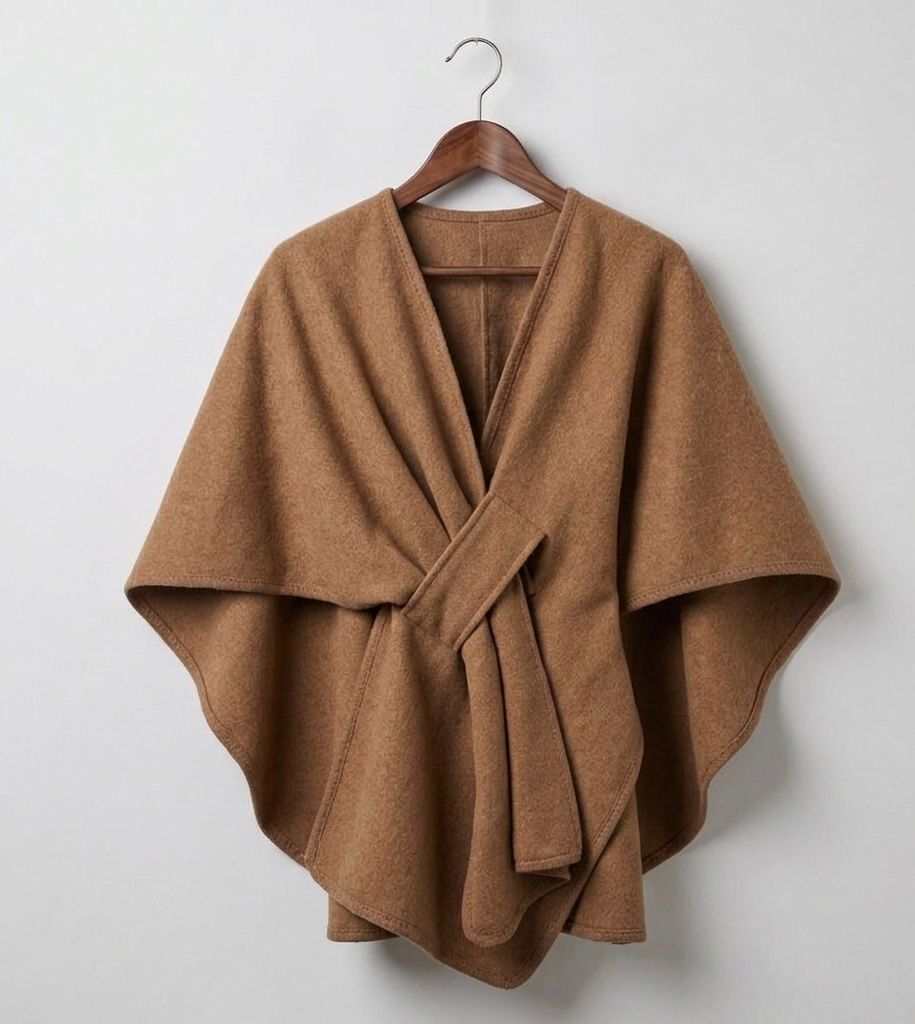 Camel fleece cape shawl with V-neck and tie waist, draped poncho style