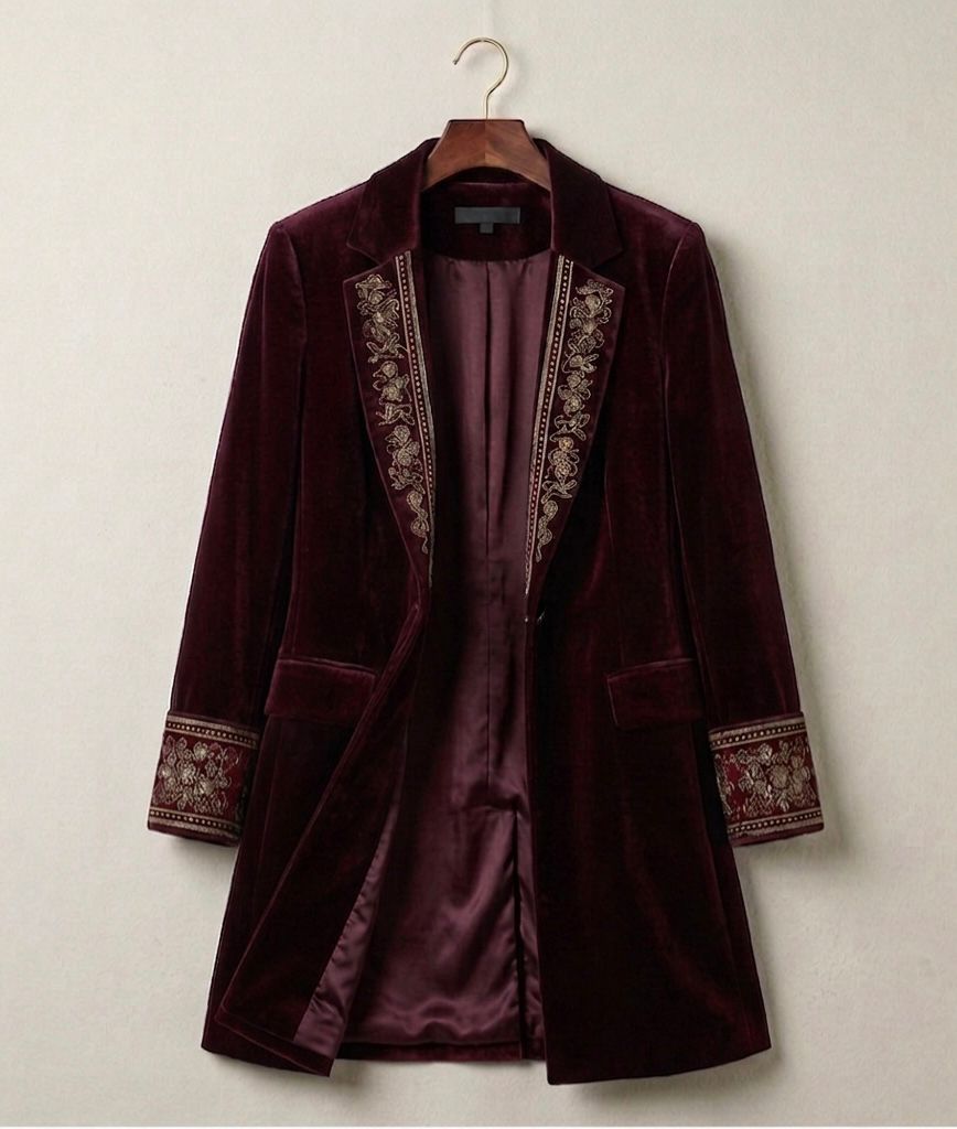 Berry red velvet statement blazer with ornate embroidered trim and satin-lined interior