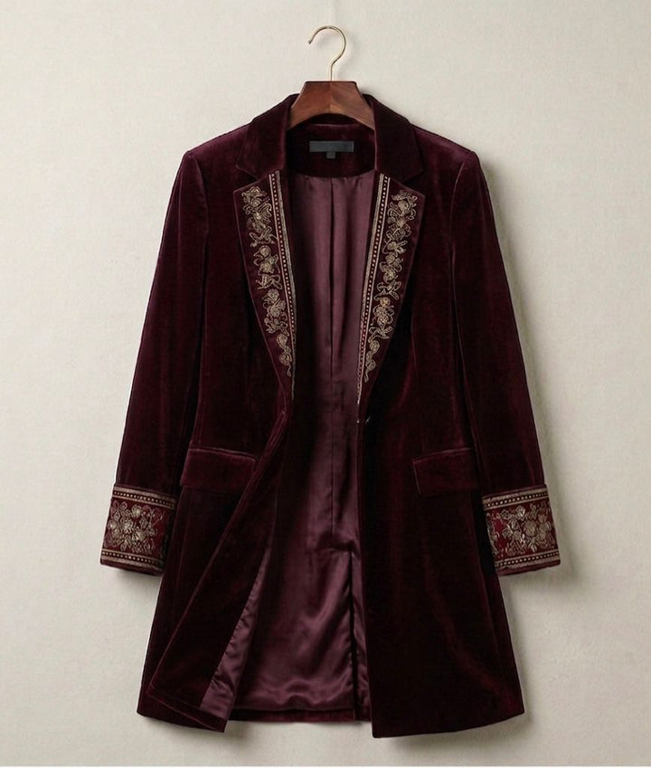 Berry red velvet statement blazer with ornate embroidered trim and satin-lined interior