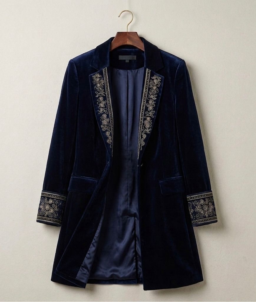 Midnight navy velvet statement blazer with ornate embroidered trim and flap pockets