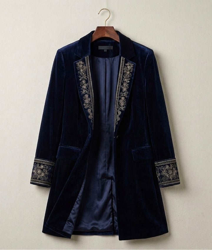 Midnight navy velvet statement blazer with ornate embroidered trim and flap pockets