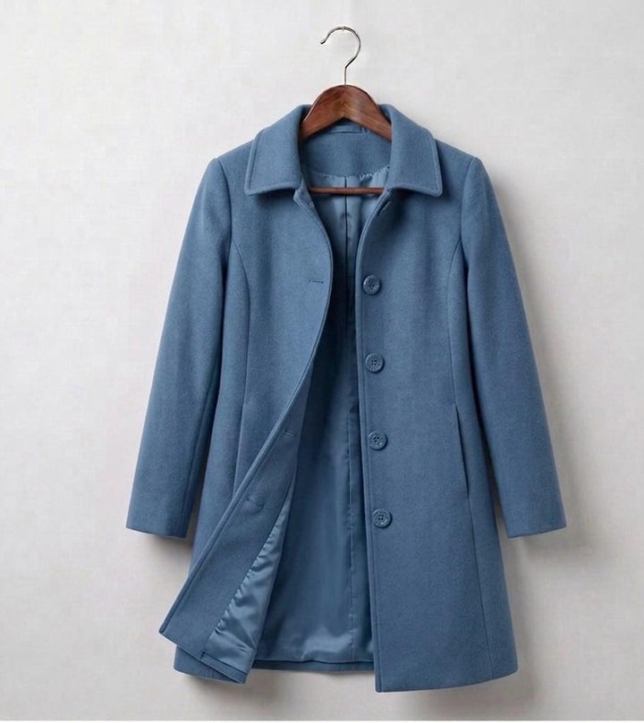 Blue mid-length coat with notched lapel, button front, and satin lining.