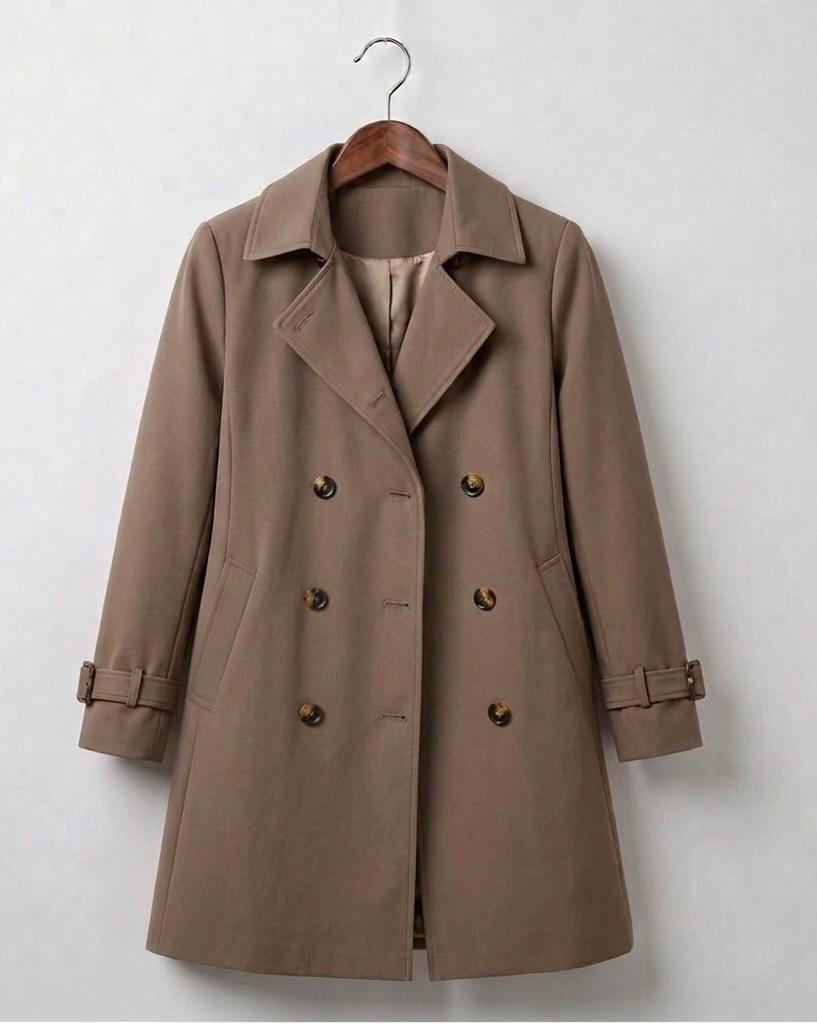 Khaki trench coat, double-breasted front with lapels and button details