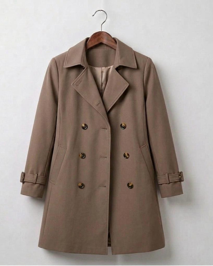 Khaki trench coat, double-breasted front with lapels and button details