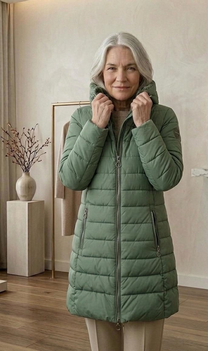 Quilted A-line winter coat in green with hood, full zipper, two side zip pockets
