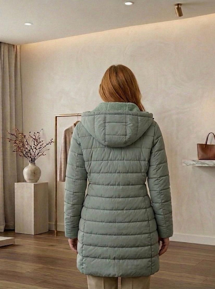 Quilted A-line winter coat in light green, back view with hood and full-zip seam detail