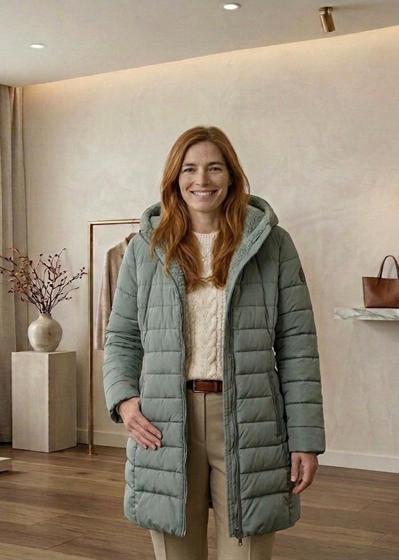 Light green quilted A-line winter coat with hood, zip-front, and side pockets (front view)
