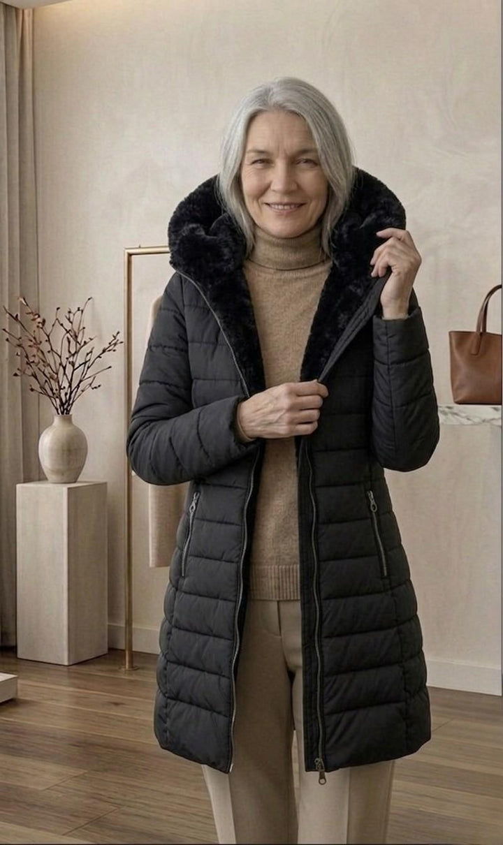 Quilted A-line winter coat in black, hood with plush trim, full-zip front, side zips