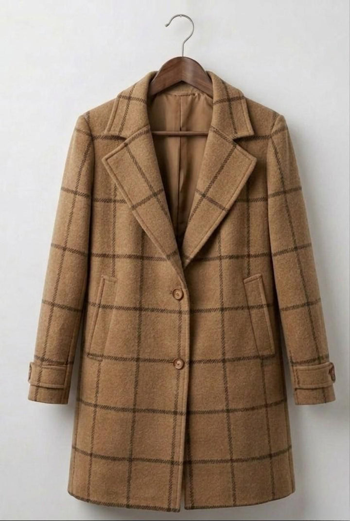 Camel brown plaid tweed coat with notched lapels and two-button front