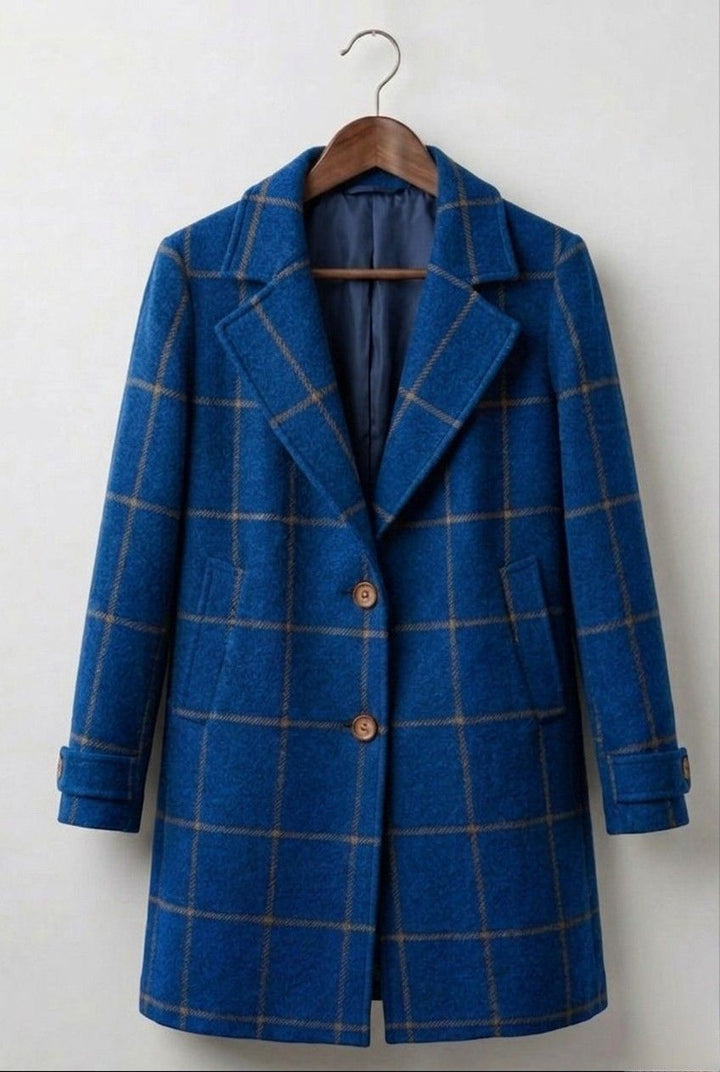 Blue plaid tweed coat with notched lapel, button-front closure, long sleeves