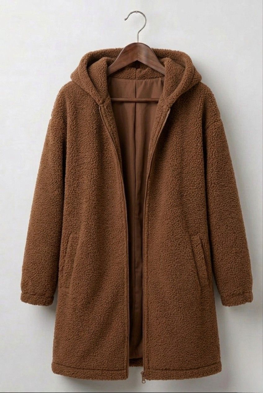 Brown teddy hooded coat with full zipper and side pockets