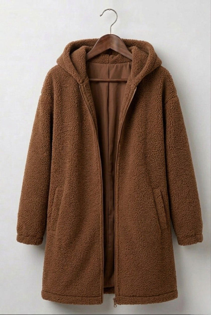 Brown teddy hooded coat with full zipper and side pockets