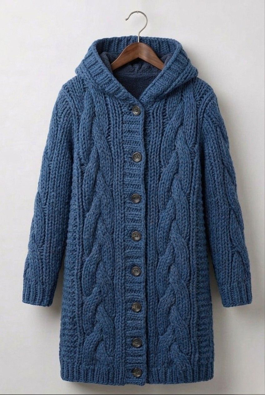 Blue cable-knit hooded cardigan with button front and long sleeves.