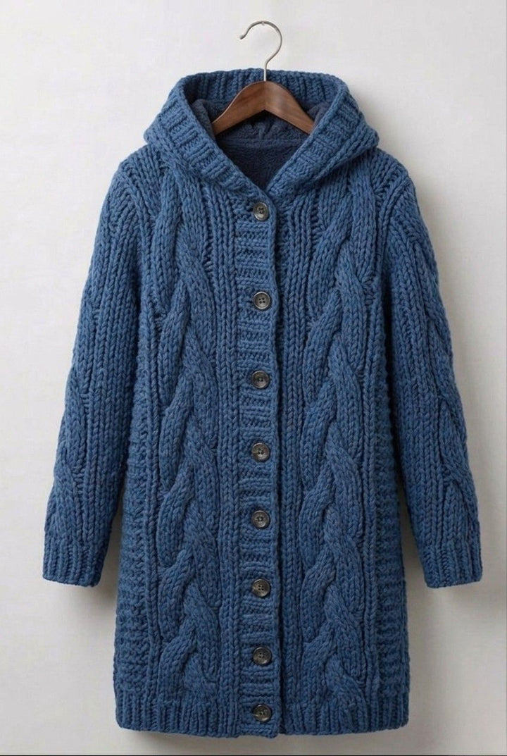 Blue cable-knit hooded cardigan with button front and long sleeves.