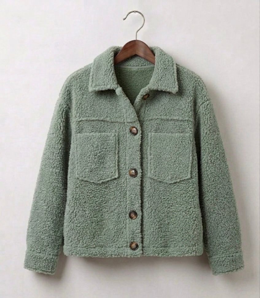 Green teddy jacket with button-up front, point collar, and two chest pockets