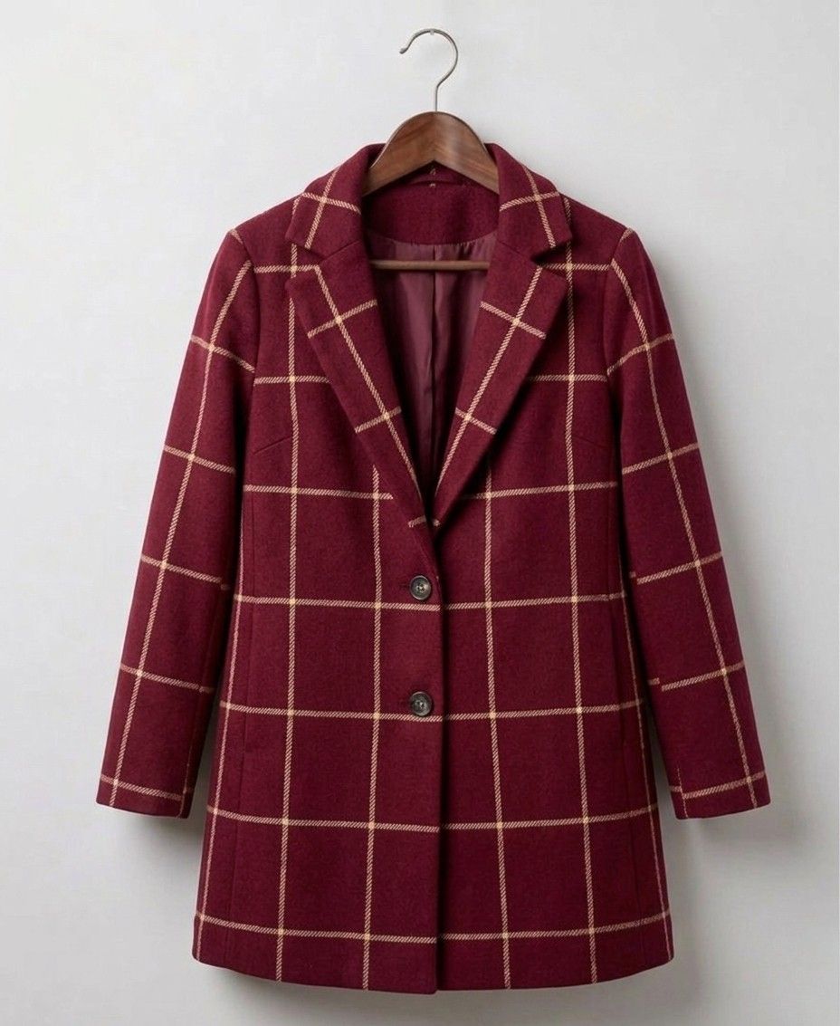 Wine red plaid tweed coat with notched lapel, button-front closure, long sleeves