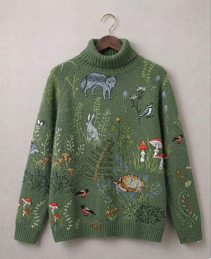 Green turtleneck knit jumper with woodland animals and mushrooms on the front
