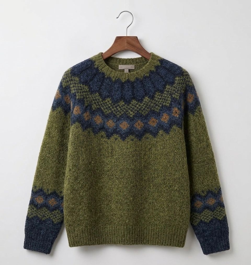 Nordic knit jumper with olive-green body and navy-blue fair isle yoke