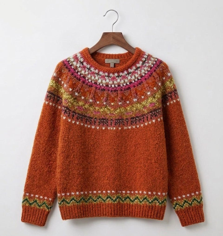 Rust orange vintage knit jumper with multicolor yoke and patterned band