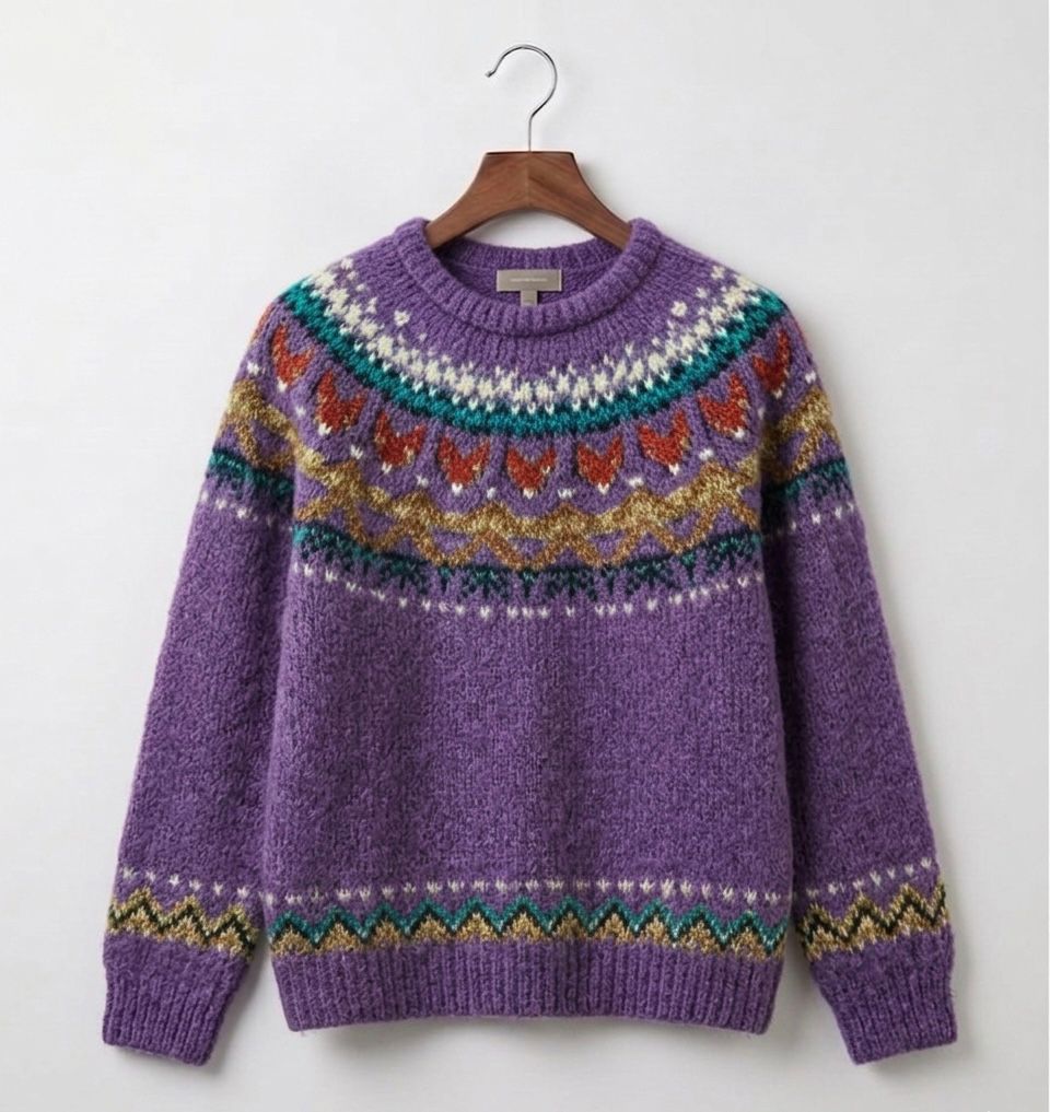 Purple vintage knit jumper with patterned yoke and fair isle cuffs
