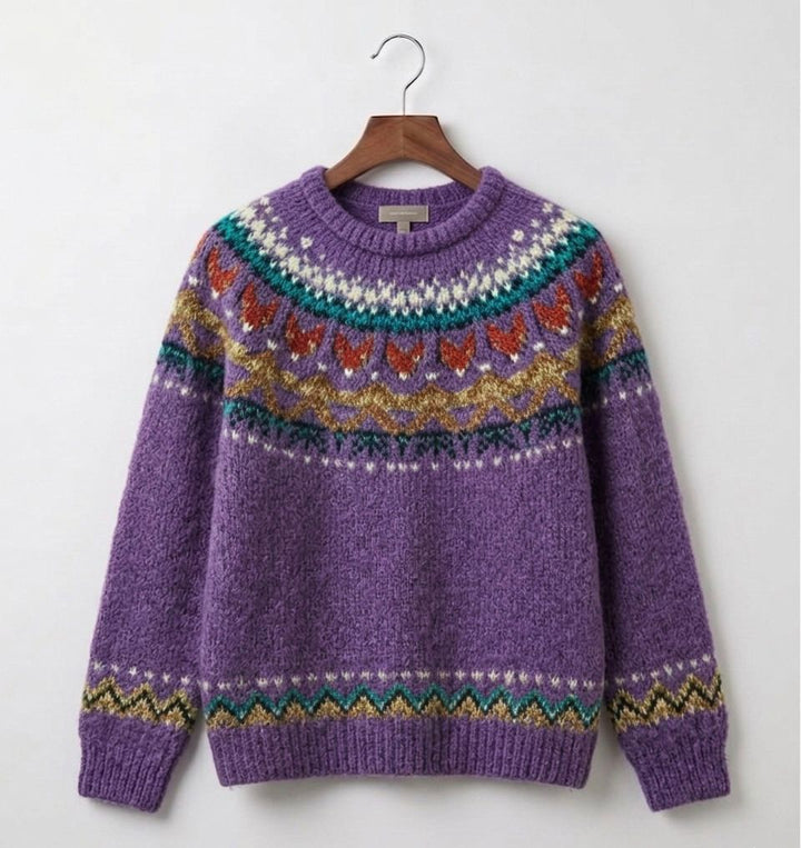 Purple vintage knit jumper with patterned yoke and fair isle cuffs