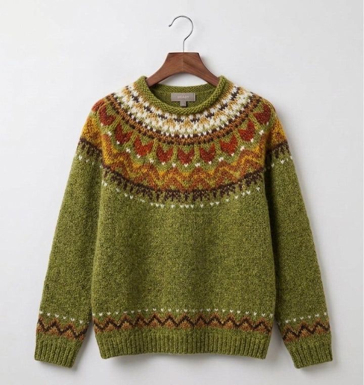 Green vintage knit jumper with patterned yoke, crew neck, and long sleeves