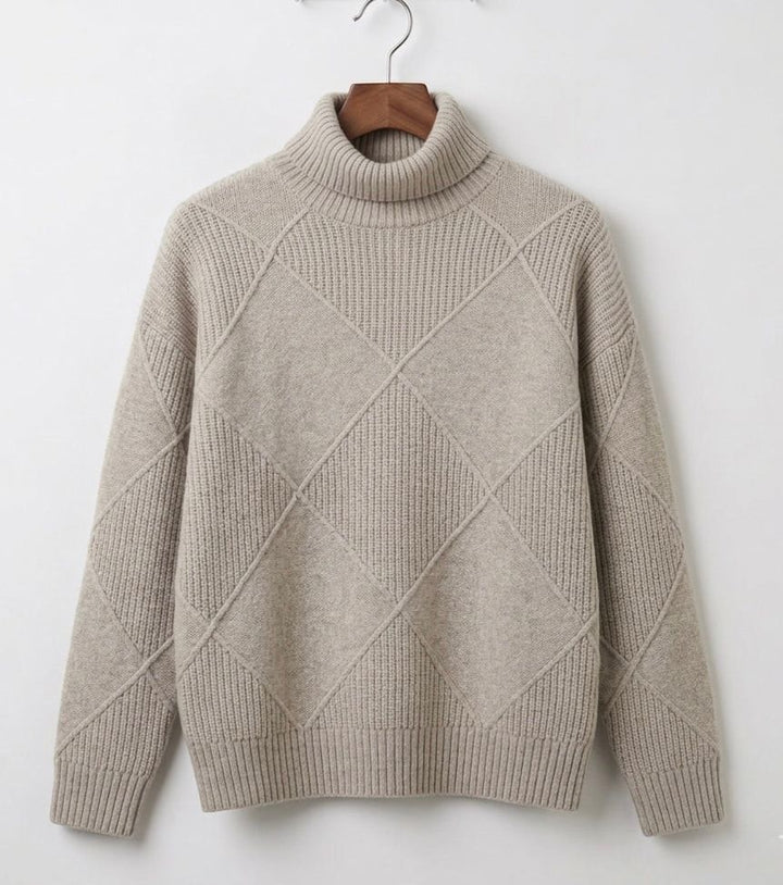 Light gray cable-knit turtleneck jumper with diamond pattern and ribbed cuffs