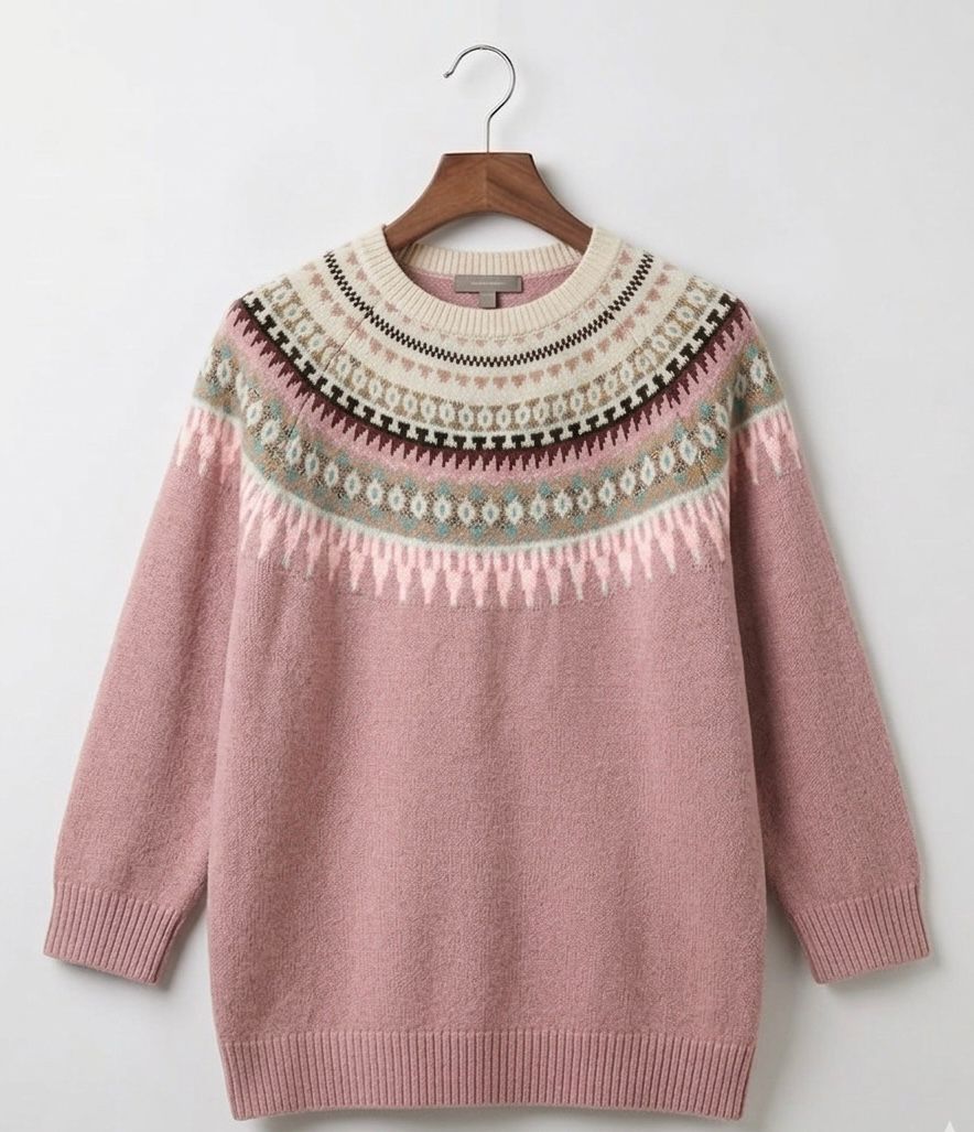 Pink Fair Isle knit jumper with crew neck and long sleeves